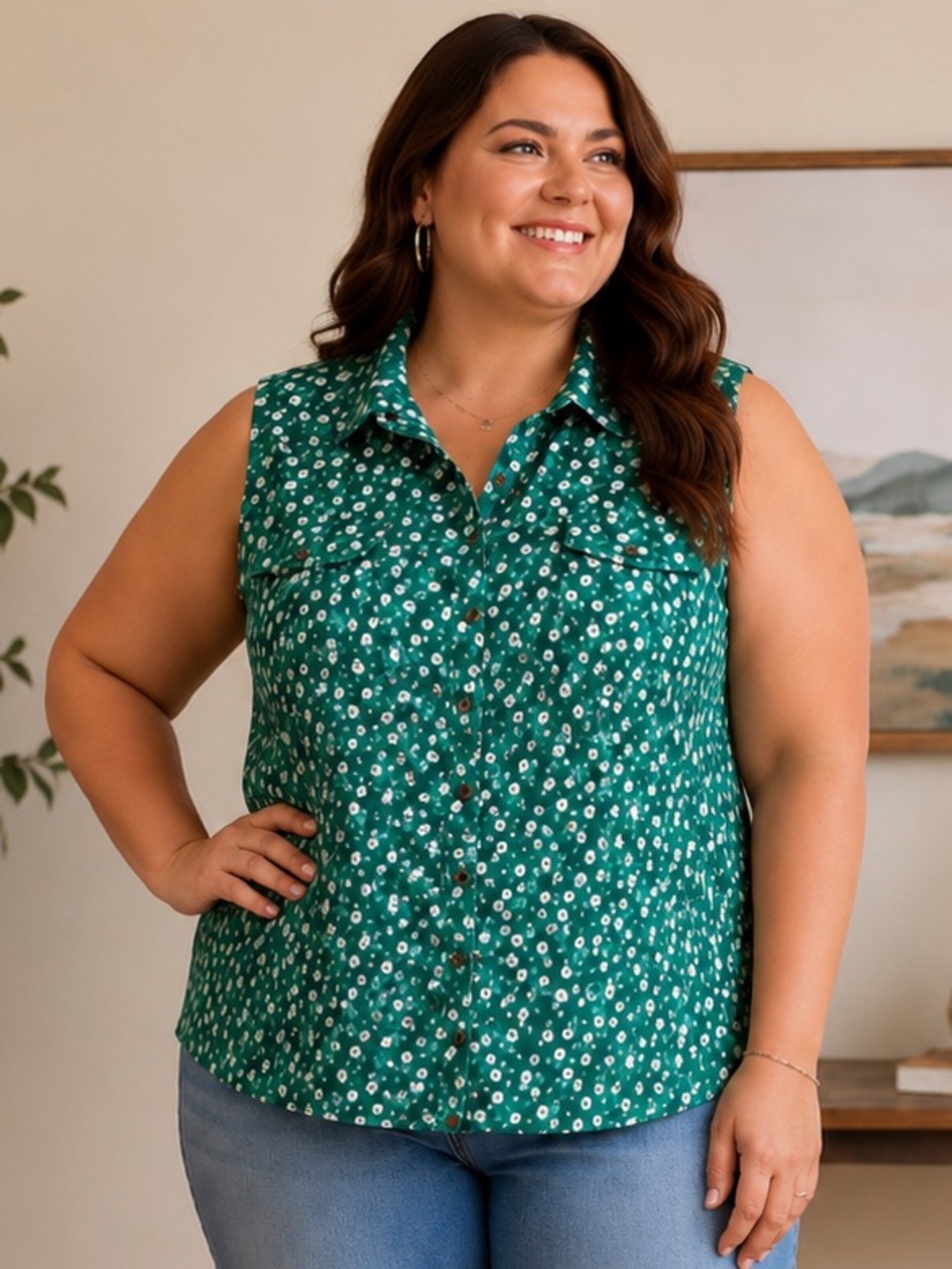 LuLaRoe Green Sleeveless Button Down Shirt with White floral Print
